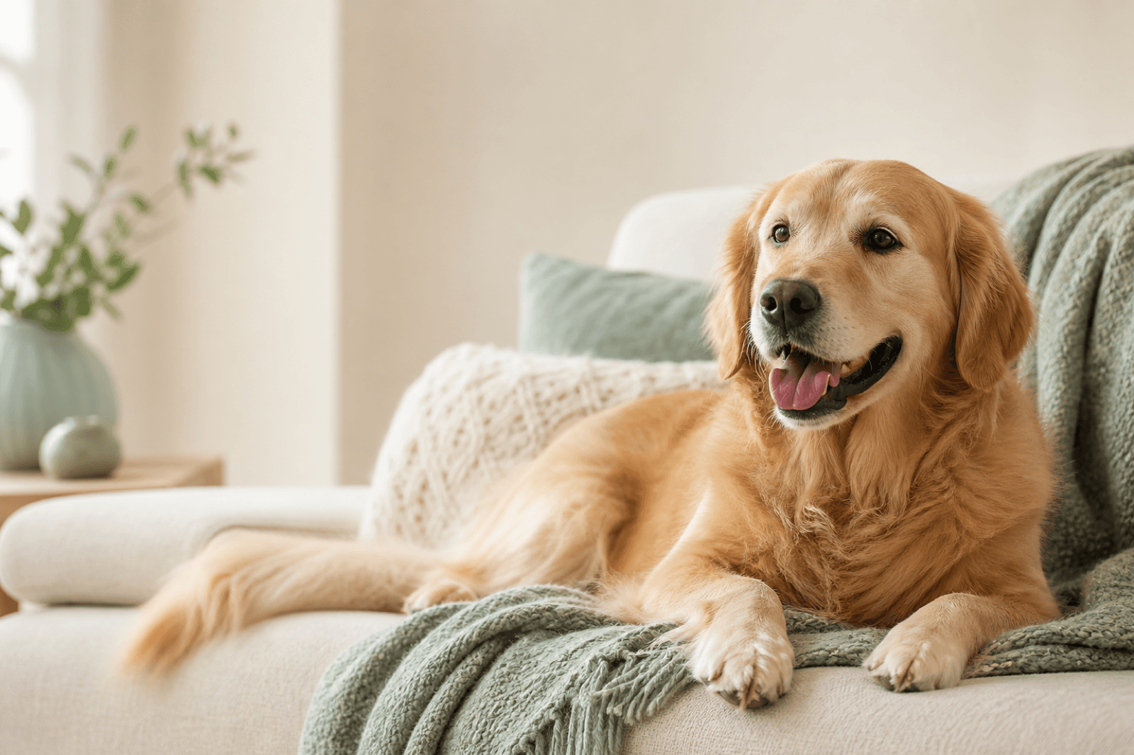 A happy golden retriever resting peacefully on a cream sofa with sage green accents