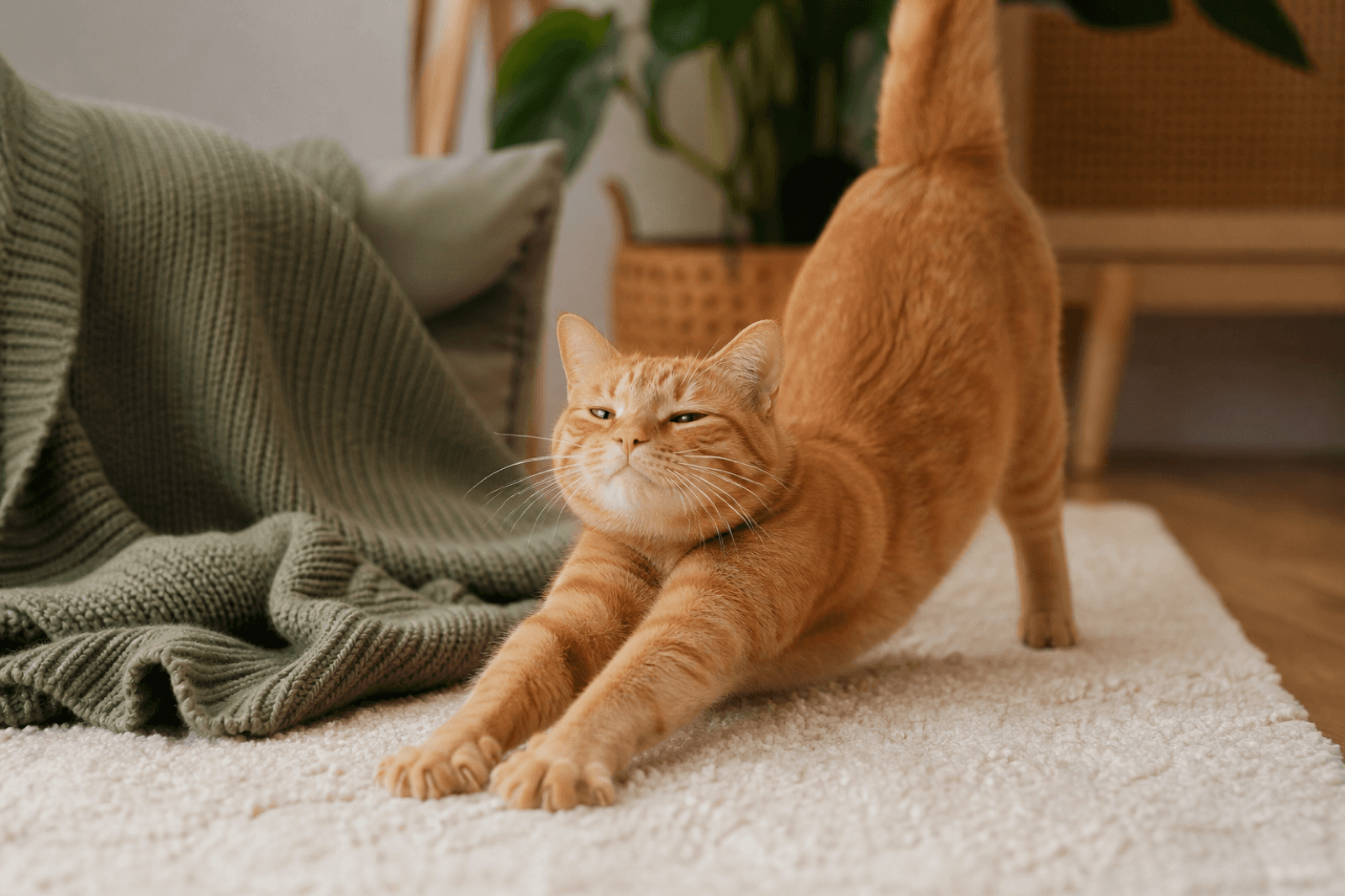 A happy ginger cat stretching on a cream rug with sage green textiles