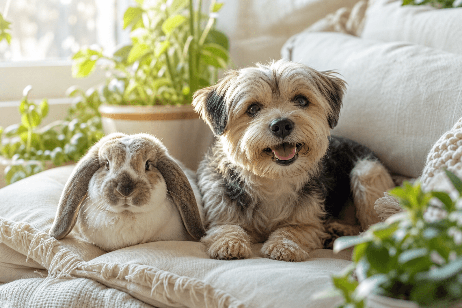 A happy dog and rabbit sitting together peacefully in a warm sunlit room