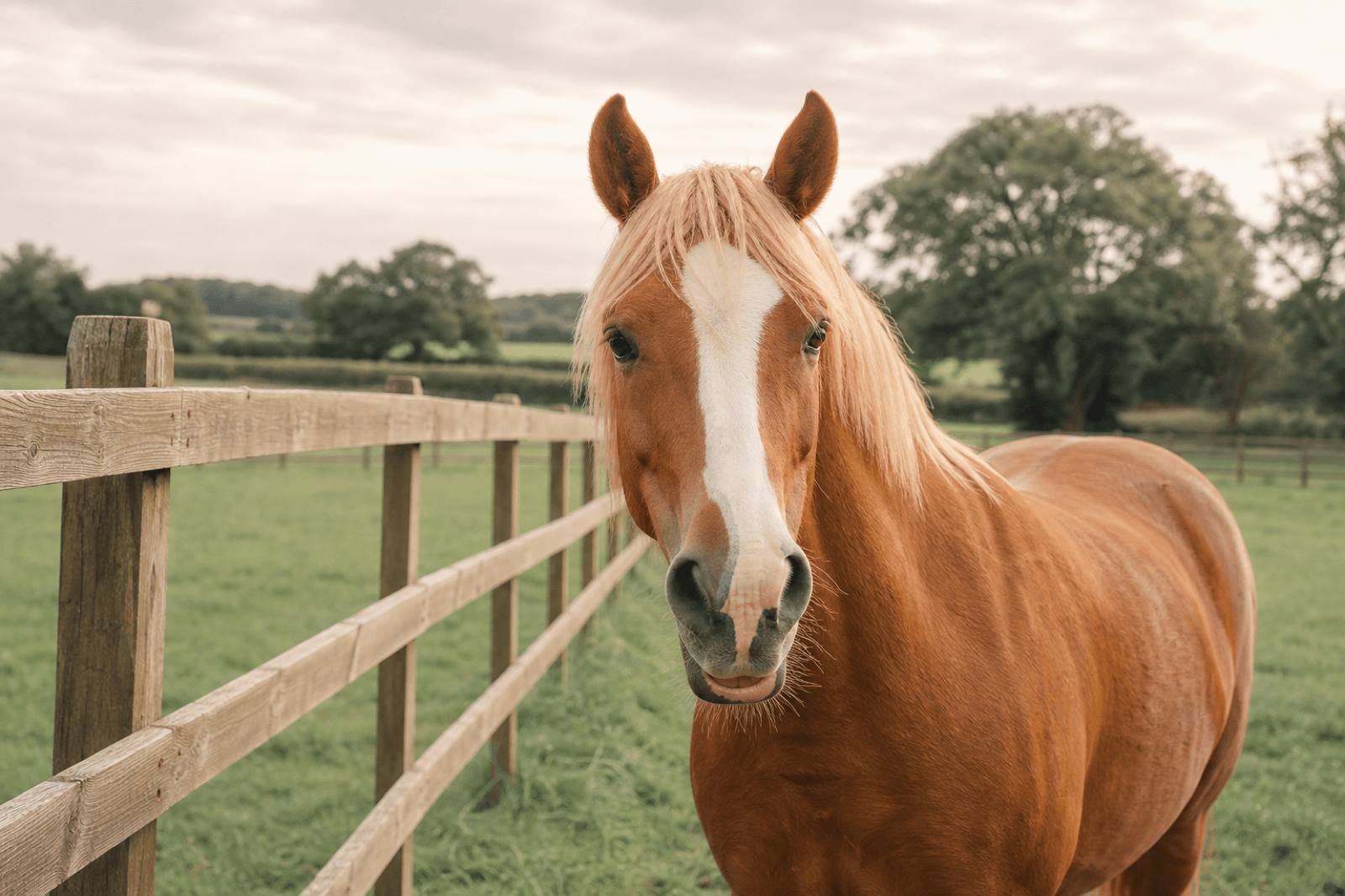 A content chestnut horse in a simple countryside paddock with soft green fields