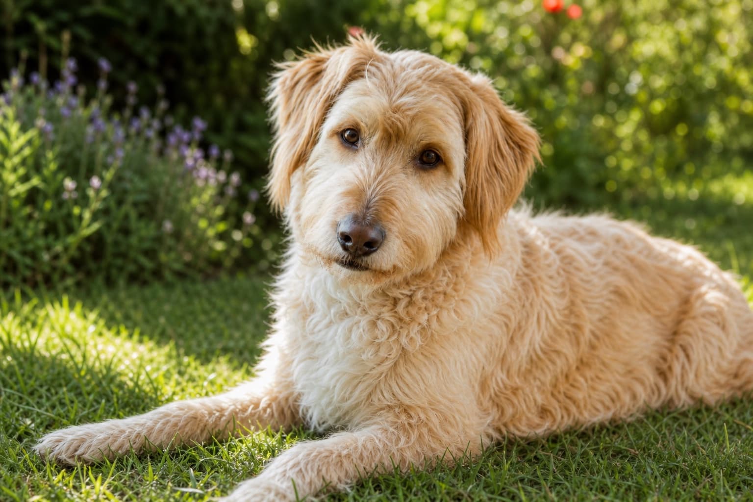 Milo resting in the garden on a sunny afternoon