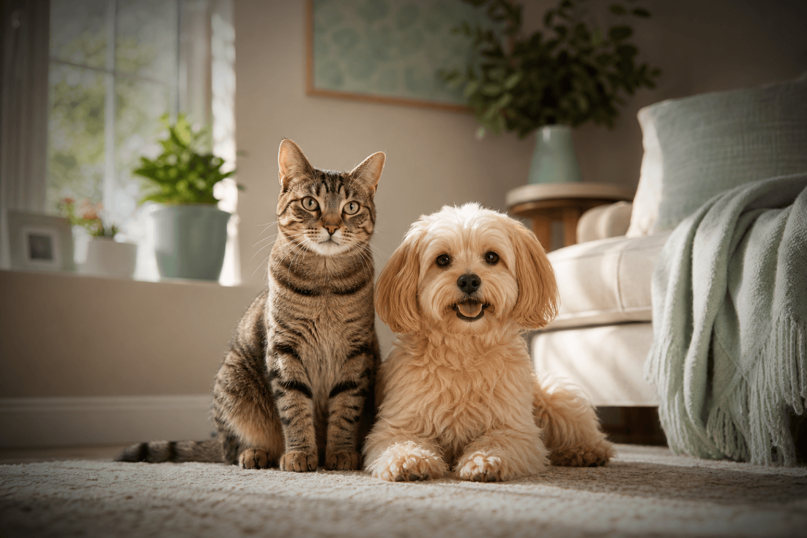 A happy cat and dog together in a sunlit cream room with sage green plants