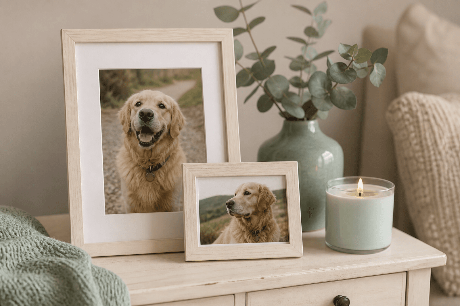 Framed photographs of a beloved dog on a cream side table with sage green decor