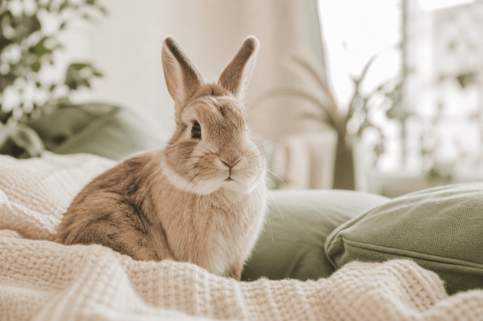 A calm rabbit on a cream blanket with sage green cushions