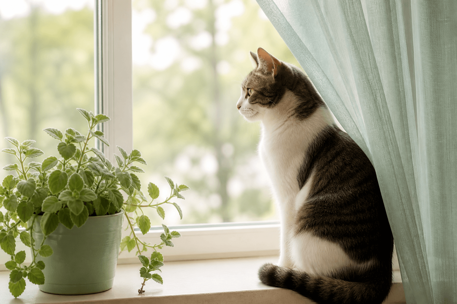 A serene cat on a windowsill with mint and sage curtains in soft light