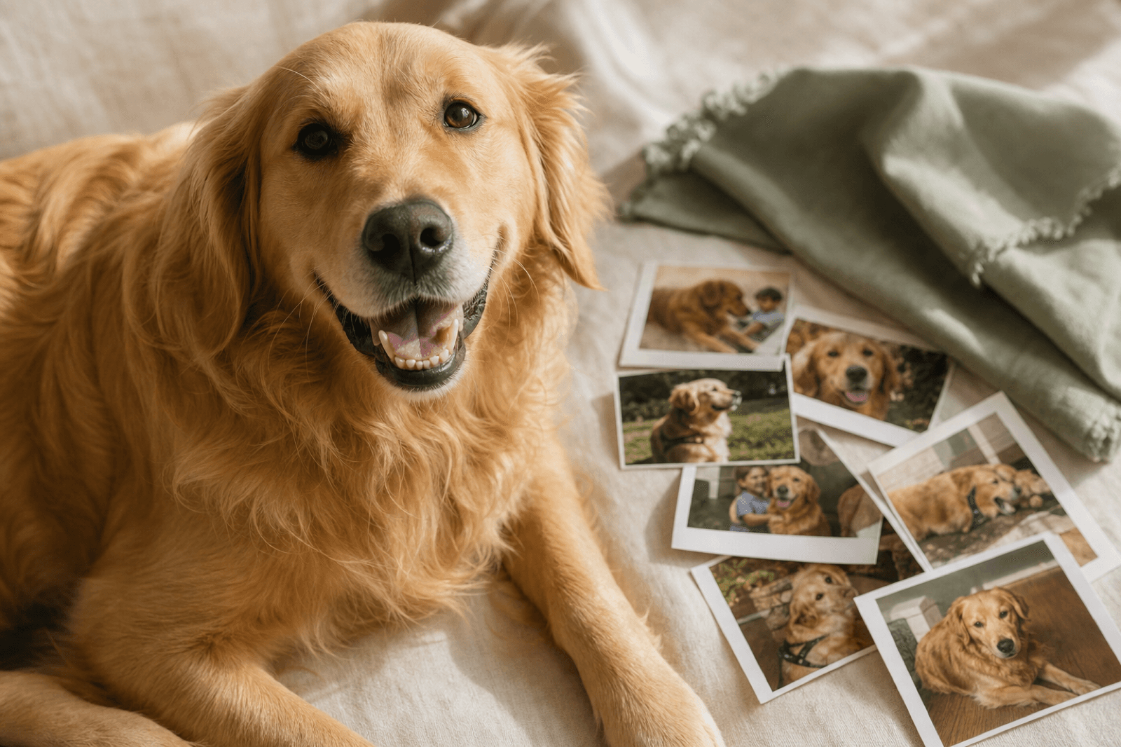 A golden retriever beside printed family photographs on a cream surface