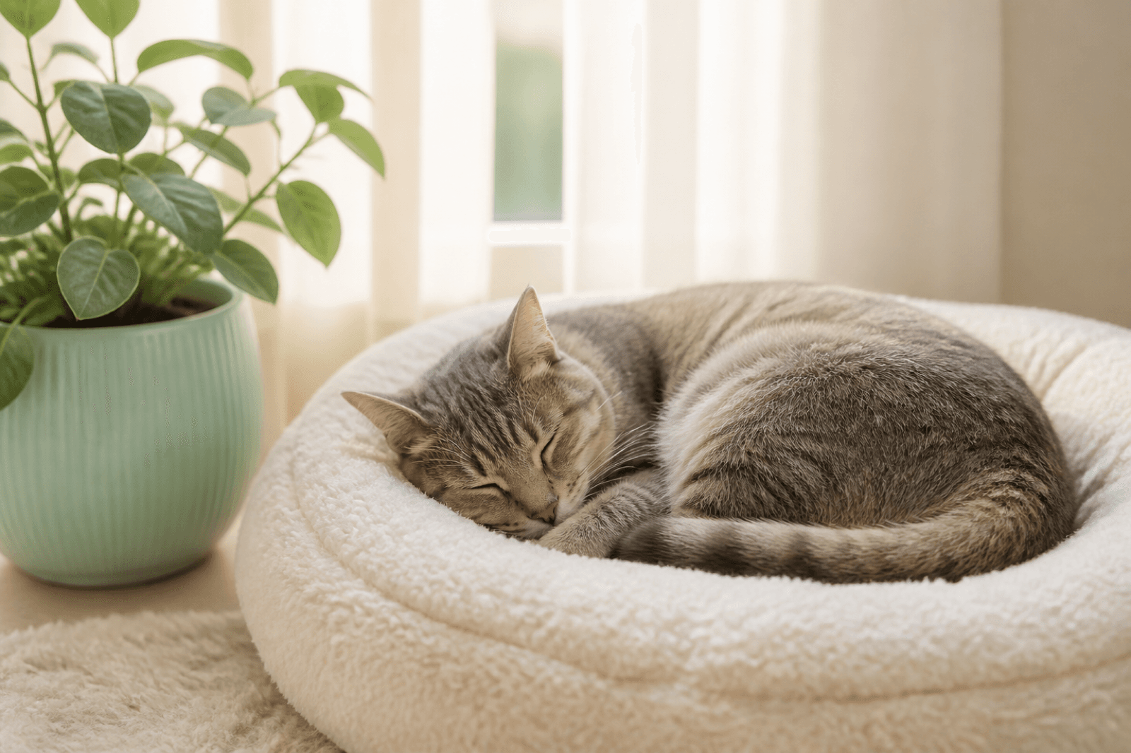 A peaceful cat sleeping on a cream pet bed beside sage green plants